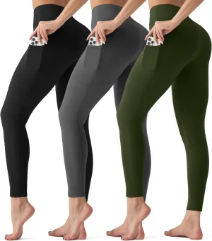 3 Pack Leggings with Pockets for Women,Butt Lift High Waisted Tummy Control Workout Yoga Pants Reg & Plus Size