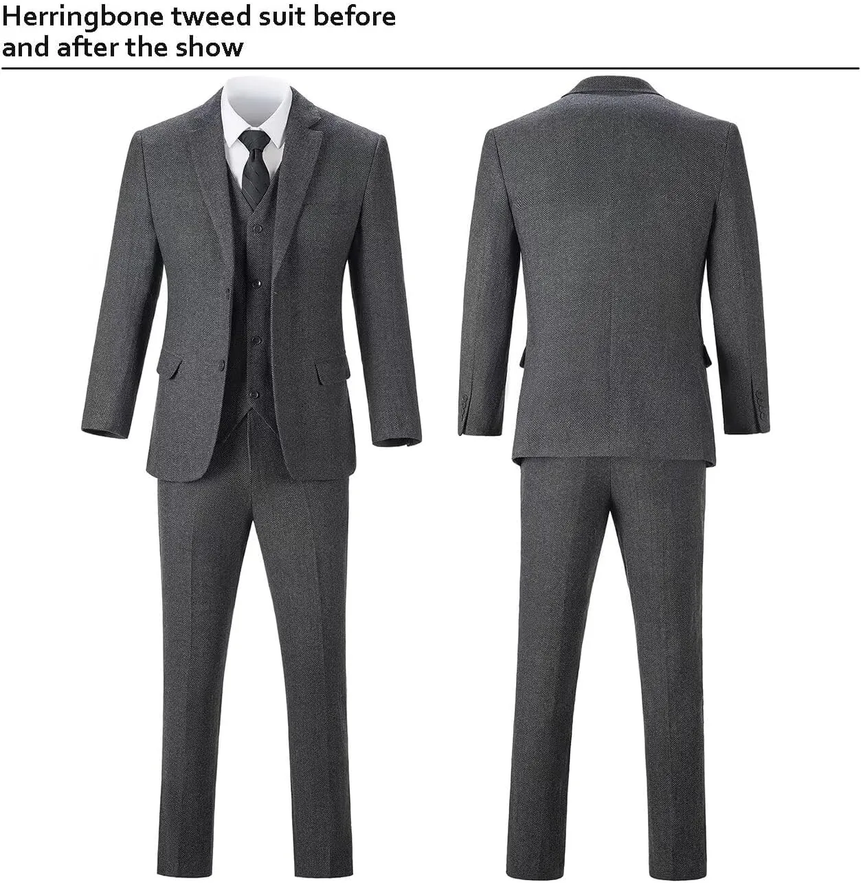 3 Pieces Retro Brown Mens Tweed Suit Slim Fit Wedding Suit Grooms Tuxedos Prom Wool Suits Jacket Vest Pants Set