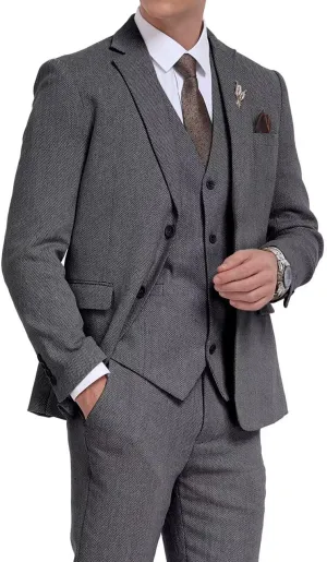 3 Pieces Retro Brown Mens Tweed Suit Slim Fit Wedding Suit Grooms Tuxedos Prom Wool Suits Jacket Vest Pants Set