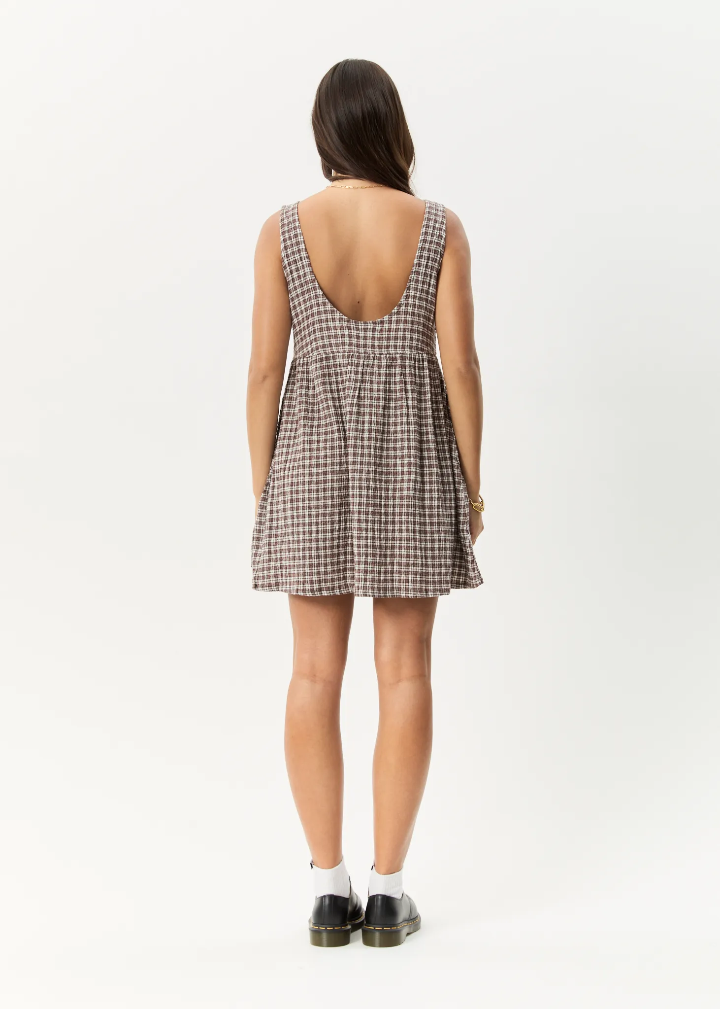 AFENDS Womens Base Jesse - Seersucker Mini Dress - Coffee Check