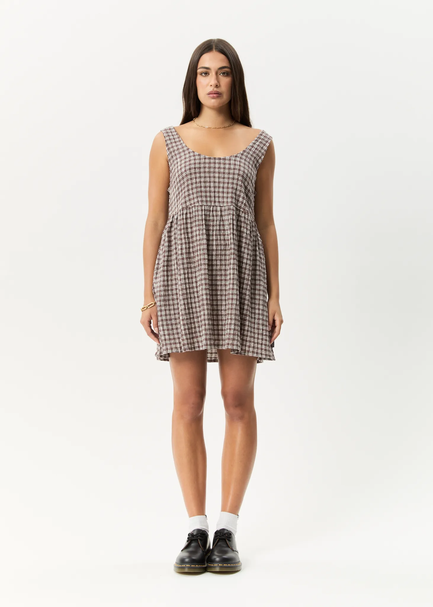 AFENDS Womens Base Jesse - Seersucker Mini Dress - Coffee Check