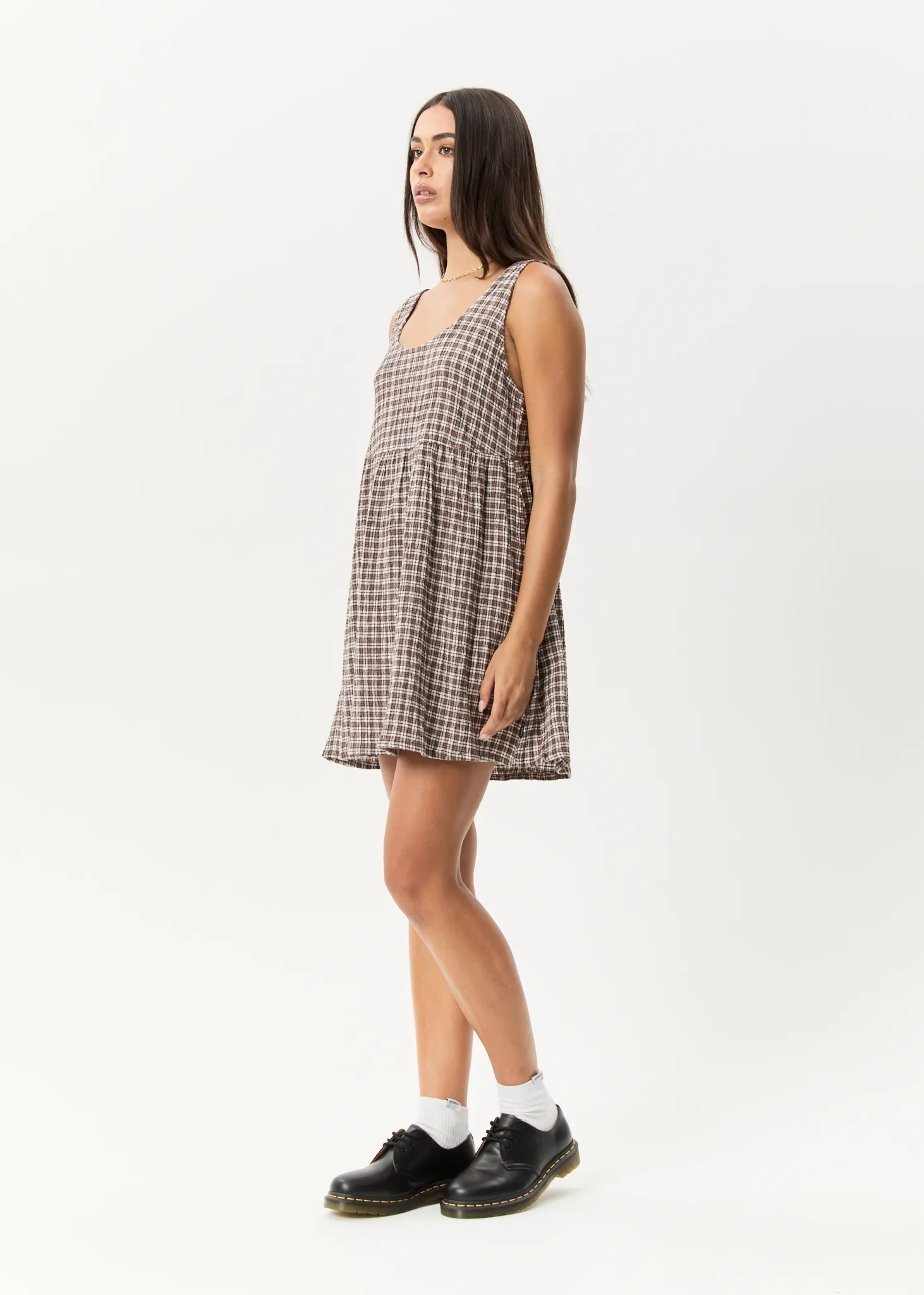 AFENDS Womens Base Jesse - Seersucker Mini Dress - Coffee Check