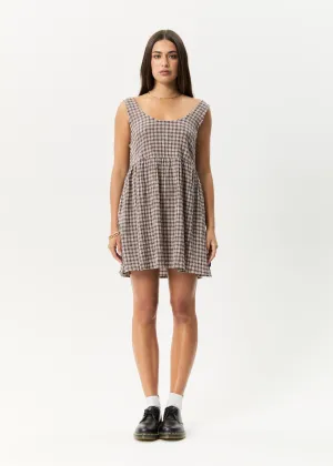 AFENDS Womens Base Jesse - Seersucker Mini Dress - Coffee Check