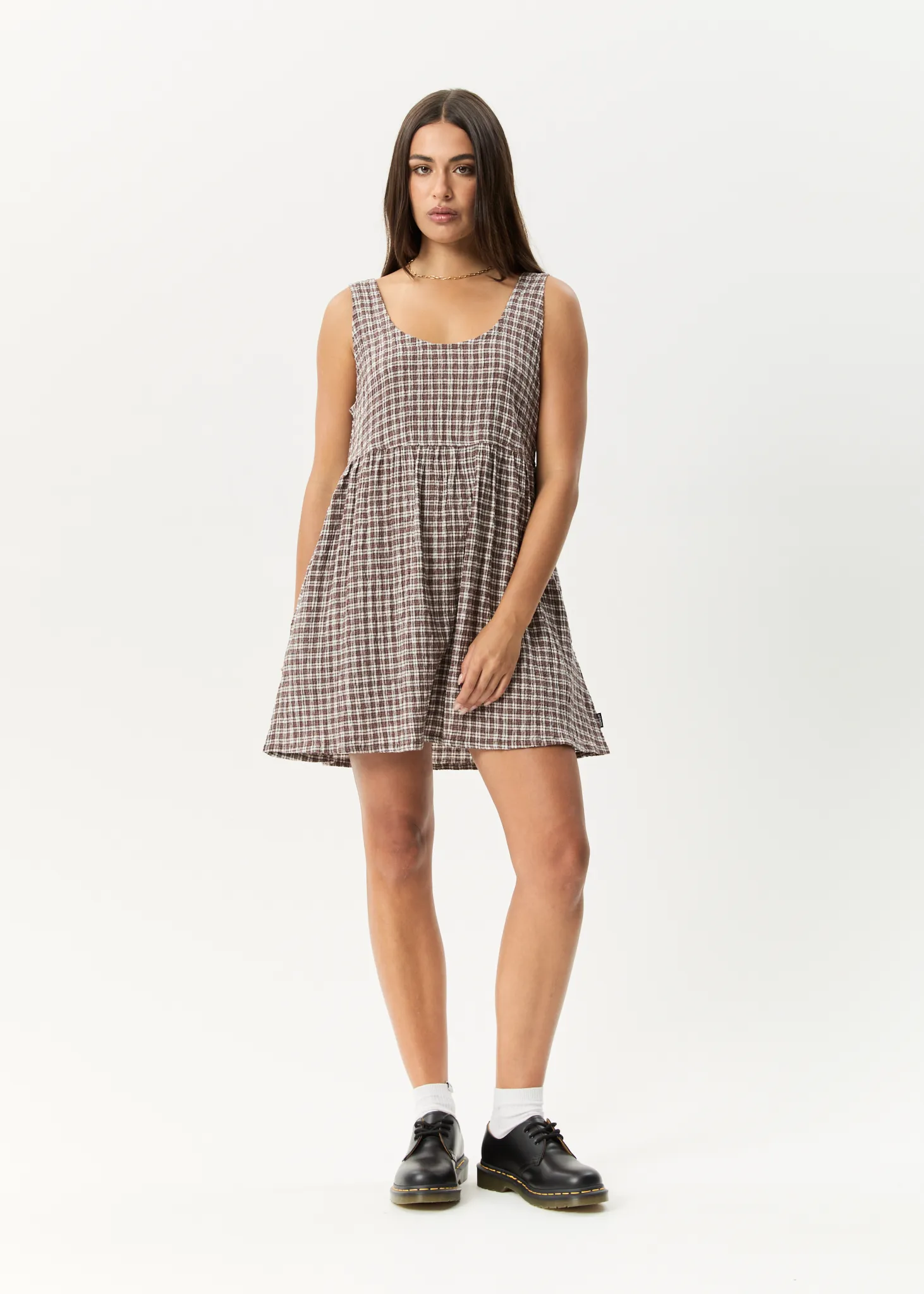 AFENDS Womens Base Jesse - Seersucker Mini Dress - Coffee Check