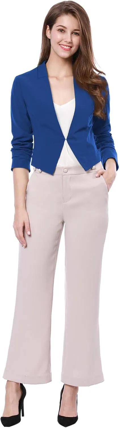 Allegra K Women's Work Office Suit Collarless Casual Cropped Blazer Jacket