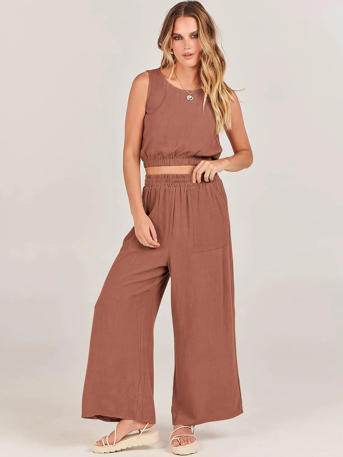 ANRABESS Womens Summer 2 Piece Outfits Sleeveless Crop Top Tank and Wide Leg Pants Linen Jumpsuit Beach Vacation Sets