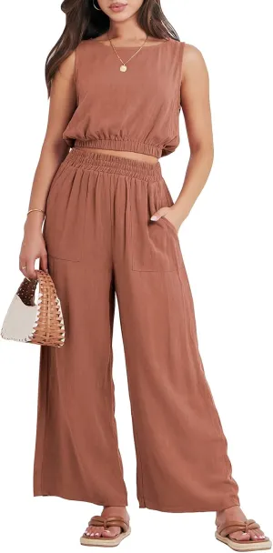 ANRABESS Womens Summer 2 Piece Outfits Sleeveless Crop Top Tank and Wide Leg Pants Linen Jumpsuit Beach Vacation Sets
