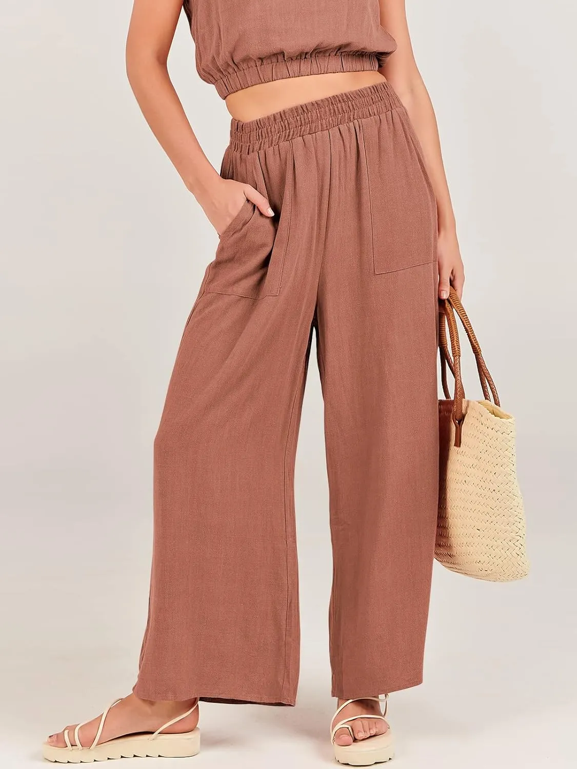ANRABESS Womens Summer 2 Piece Outfits Sleeveless Crop Top Tank and Wide Leg Pants Linen Jumpsuit Beach Vacation Sets