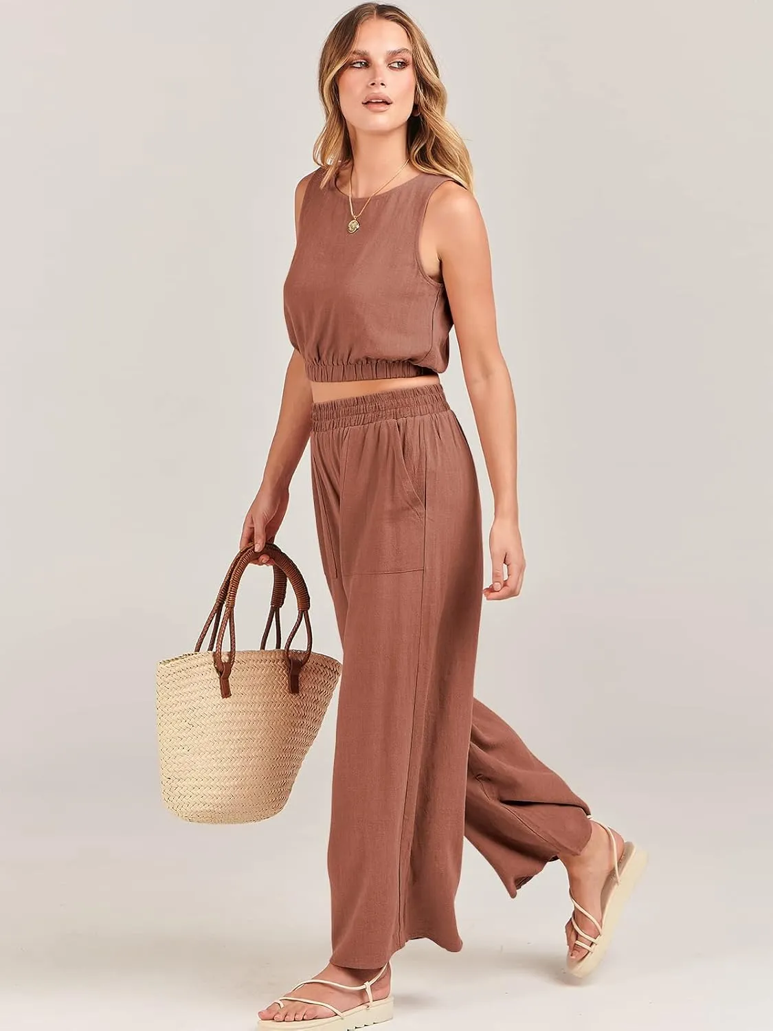 ANRABESS Womens Summer 2 Piece Outfits Sleeveless Crop Top Tank and Wide Leg Pants Linen Jumpsuit Beach Vacation Sets