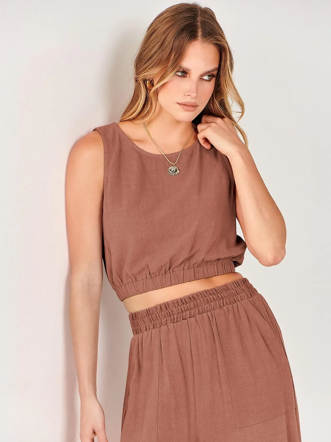 ANRABESS Womens Summer 2 Piece Outfits Sleeveless Crop Top Tank and Wide Leg Pants Linen Jumpsuit Beach Vacation Sets