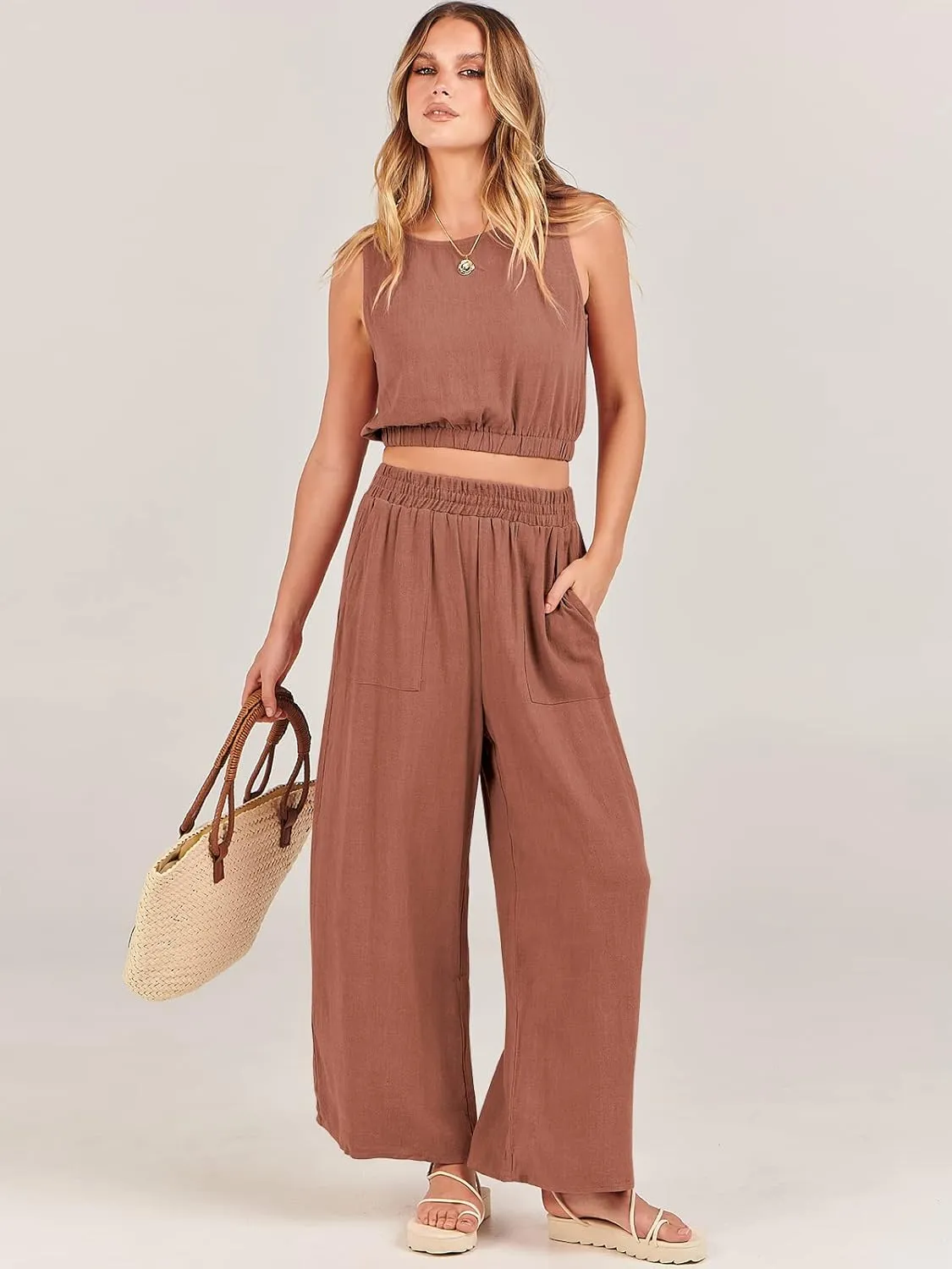 ANRABESS Womens Summer 2 Piece Outfits Sleeveless Crop Top Tank and Wide Leg Pants Linen Jumpsuit Beach Vacation Sets