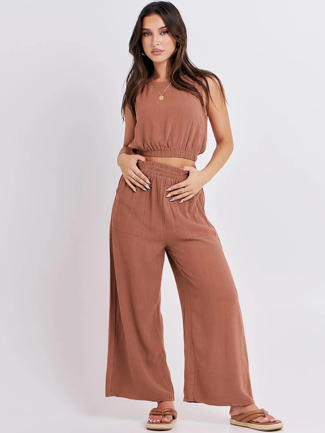 ANRABESS Womens Summer 2 Piece Outfits Sleeveless Crop Top Tank and Wide Leg Pants Linen Jumpsuit Beach Vacation Sets