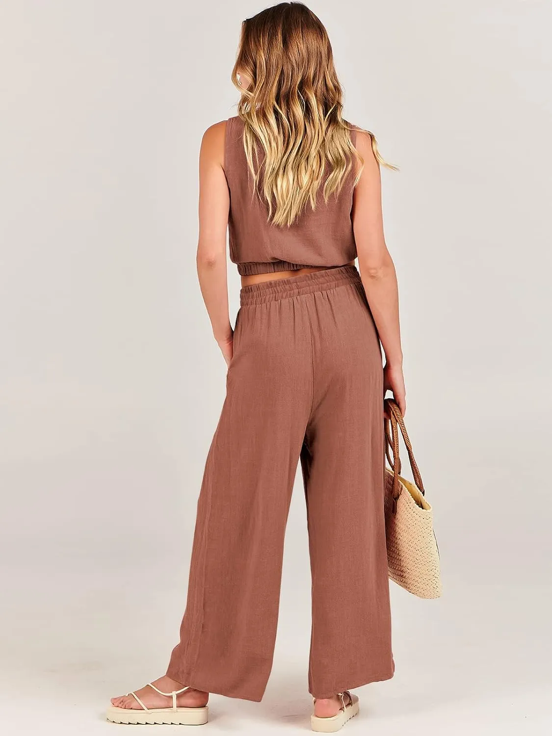 ANRABESS Womens Summer 2 Piece Outfits Sleeveless Crop Top Tank and Wide Leg Pants Linen Jumpsuit Beach Vacation Sets