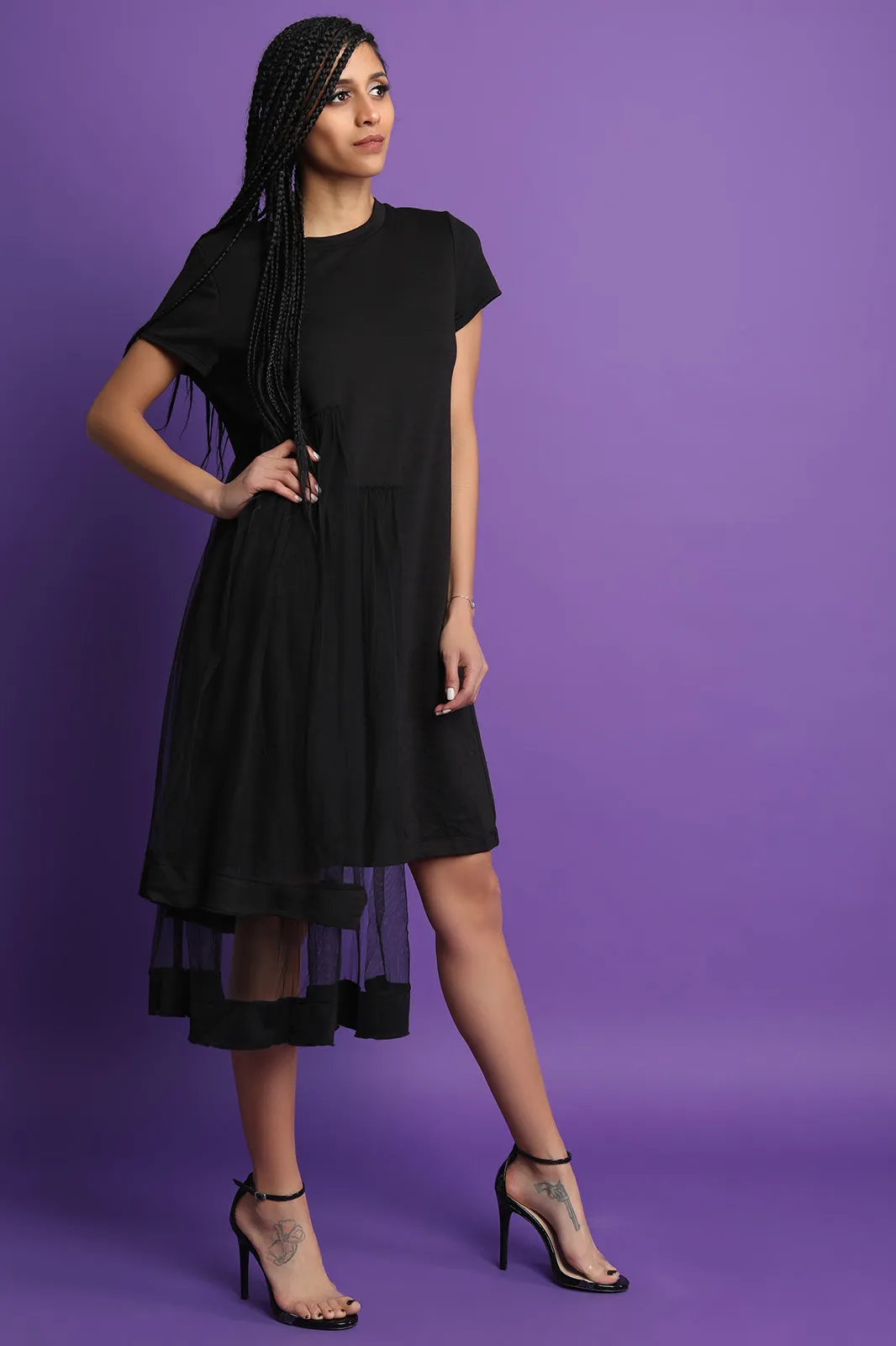 Asymmetrical Tulle Mesh Midi Dress