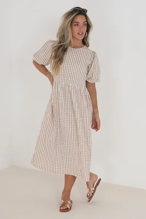 BEIGE GINGHAM PRINT MIDI LENGTH WOVEN DRESS
