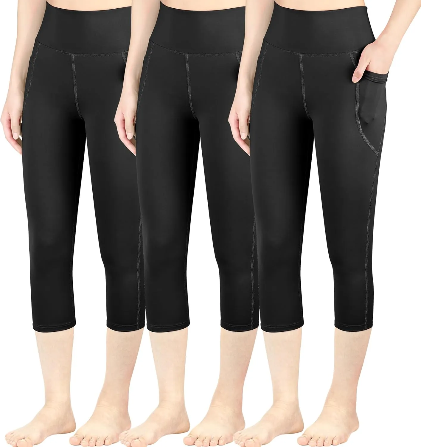 BIG ELEPHANT 3 Packs Girls Capri Leggings with Pockets, High Waisted Yoga Pants Athletic Running Dance Workout for Kids
