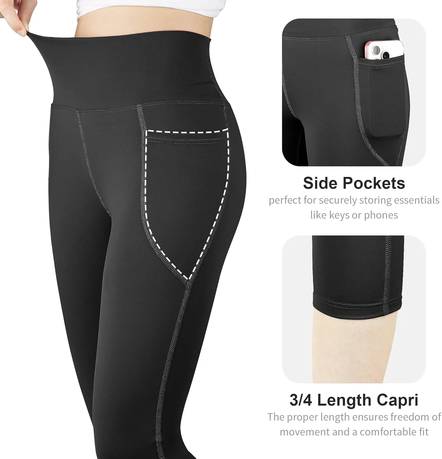 BIG ELEPHANT 3 Packs Girls Capri Leggings with Pockets, High Waisted Yoga Pants Athletic Running Dance Workout for Kids