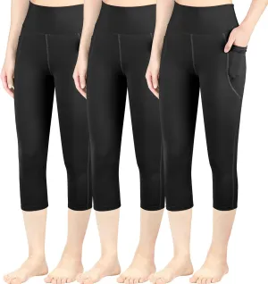 BIG ELEPHANT 3 Packs Girls Capri Leggings with Pockets, High Waisted Yoga Pants Athletic Running Dance Workout for Kids