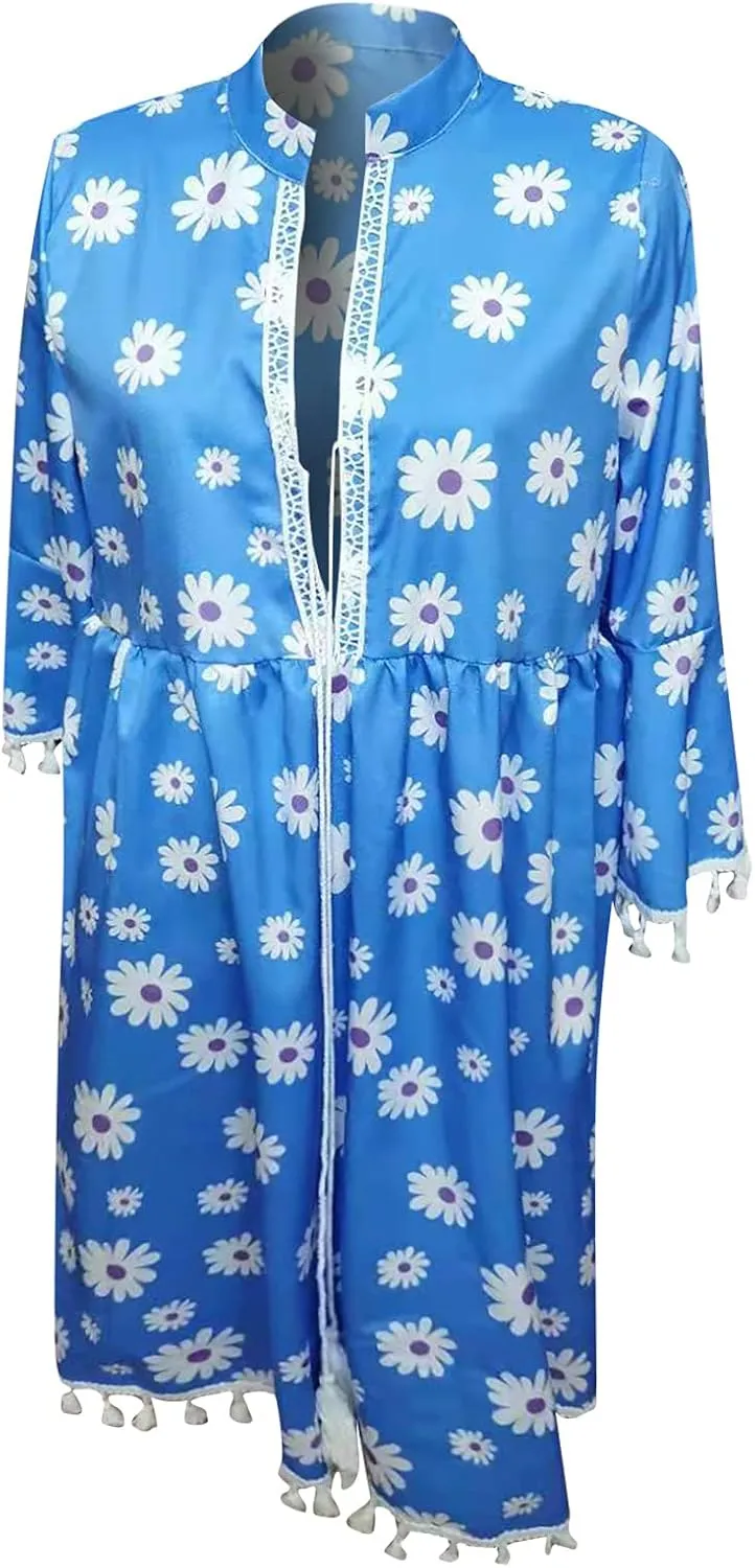 Boho Dresses for Women,2024 Summer Trendy Floral Print Beach Dress,Casual Loose V Neck 3/4 Sleeve Mini Vacation Dress