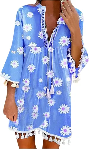 Boho Dresses for Women,2024 Summer Trendy Floral Print Beach Dress,Casual Loose V Neck 3/4 Sleeve Mini Vacation Dress