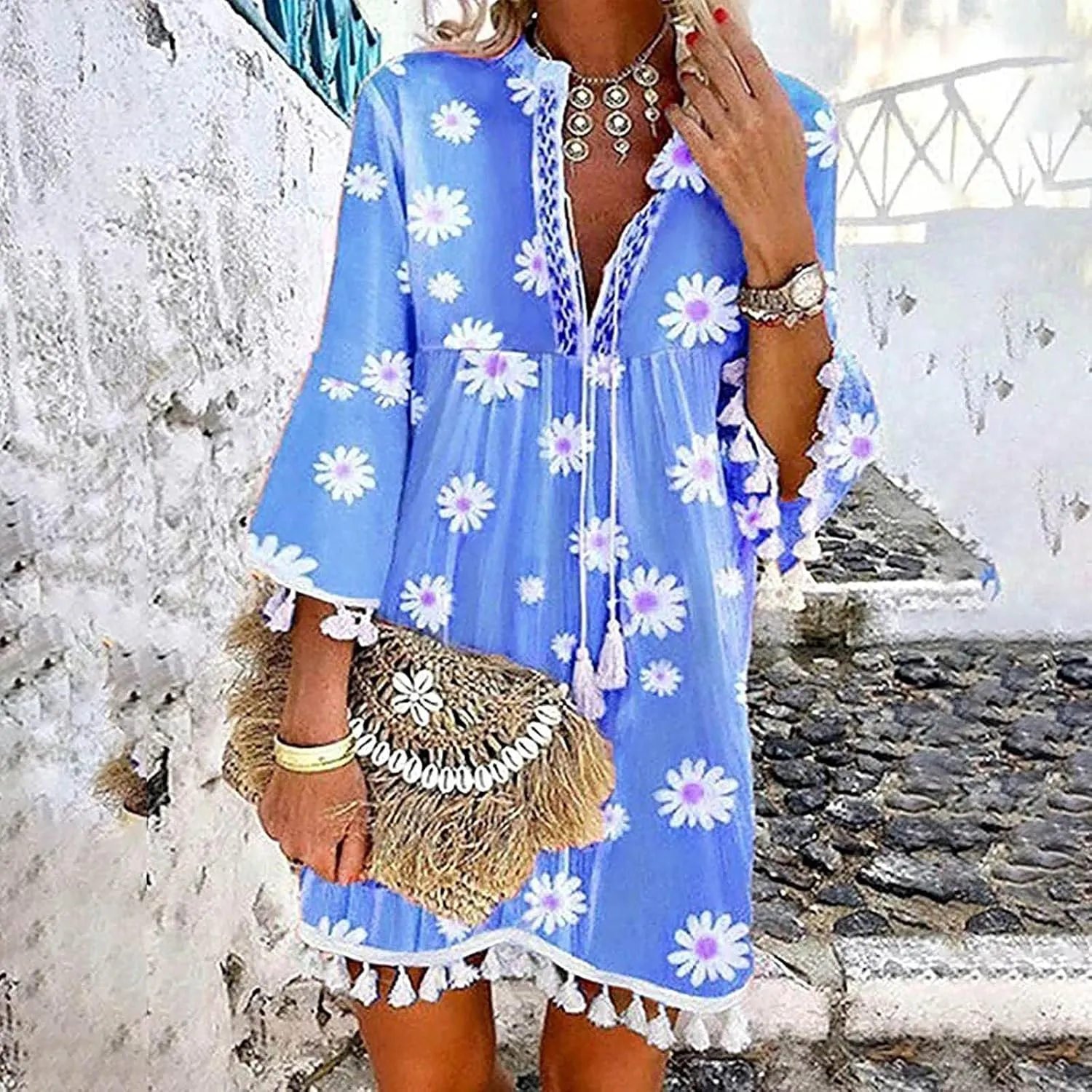 Boho Dresses for Women,2024 Summer Trendy Floral Print Beach Dress,Casual Loose V Neck 3/4 Sleeve Mini Vacation Dress