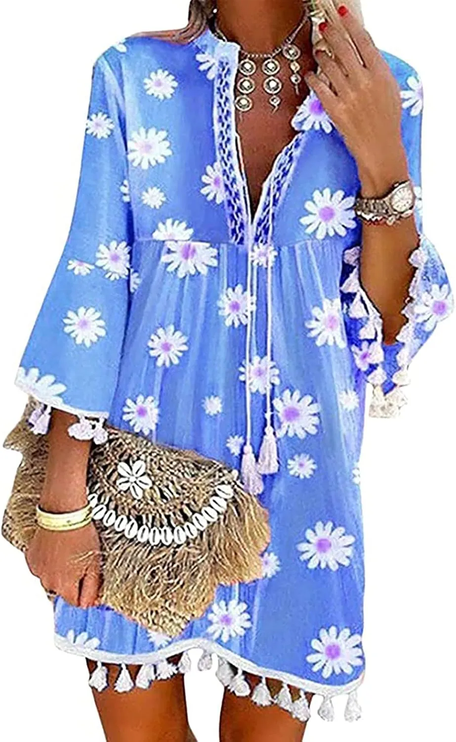 Boho Dresses for Women,2024 Summer Trendy Floral Print Beach Dress,Casual Loose V Neck 3/4 Sleeve Mini Vacation Dress