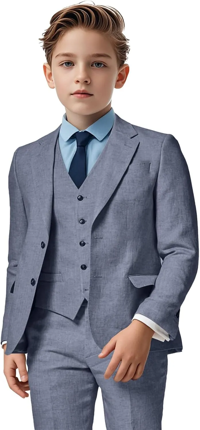 Boys Linen Suit 3 Piece, Summer Slim Fit Suits for Kids Beach Wedding Tuxedo Jacket Vest Pant