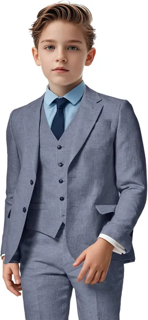 Boys Linen Suit 3 Piece, Summer Slim Fit Suits for Kids Beach Wedding Tuxedo Jacket Vest Pant