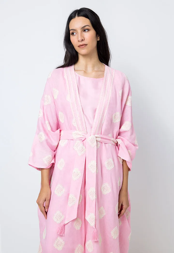 Choice Embroidered Sequins Kimono Sleeves Abaya Pink