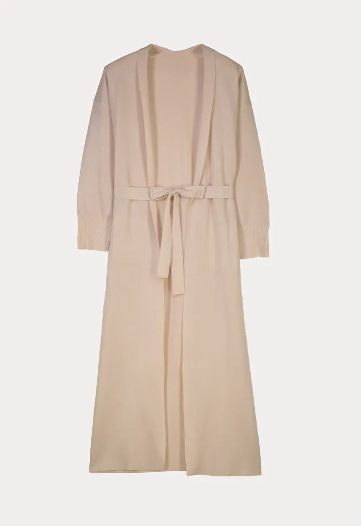 Choice Solid Open Knitted Cardigan With Belt Cream-Off White