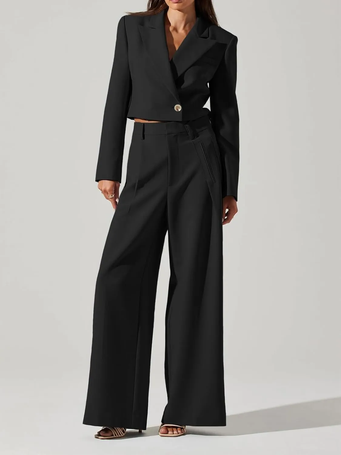 Cicy Bell Womens Cropped Blazer 2 Piece Outfits Business Casual Blazer Jacket and Wide Leg Work Pants Suit Sets