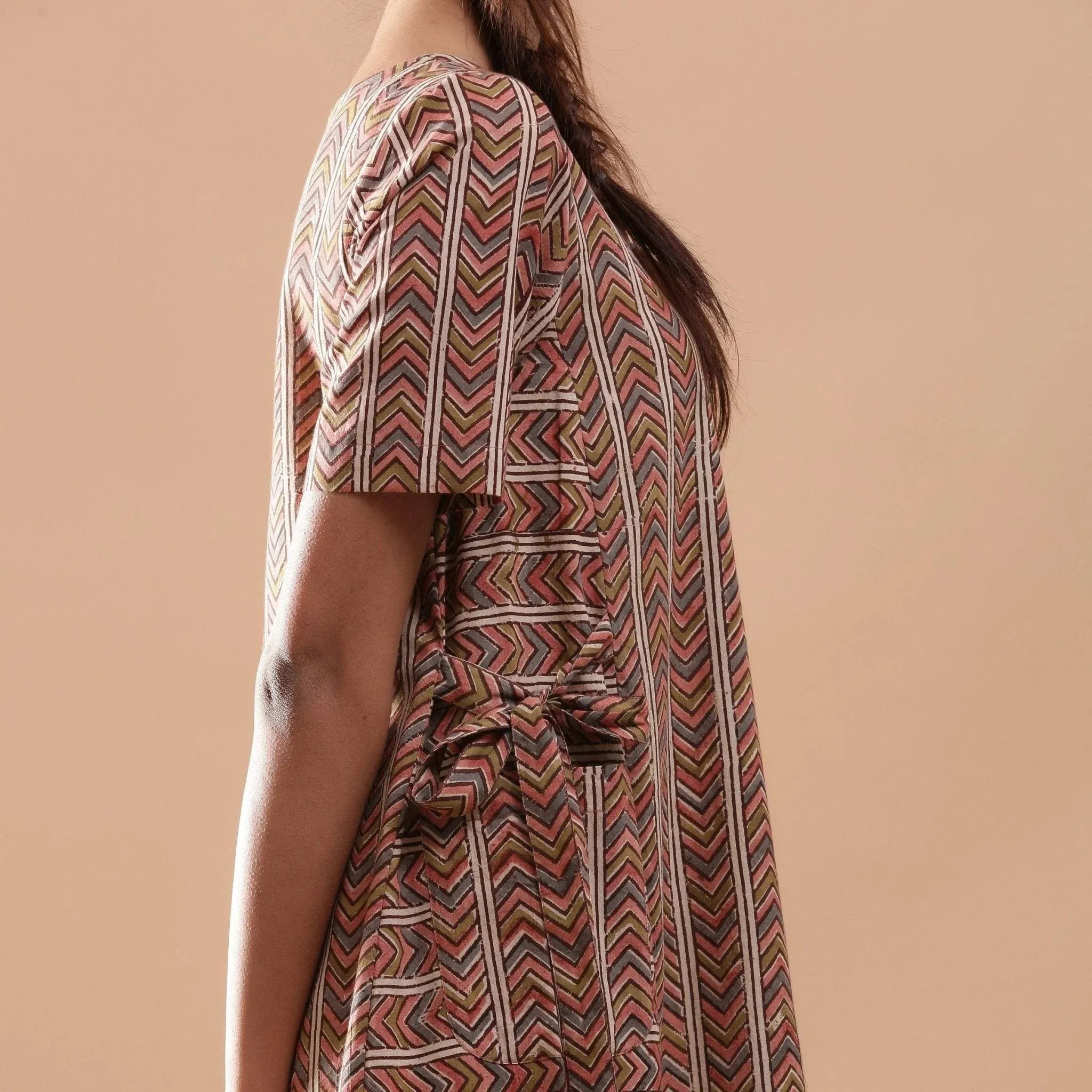 Cotton Kalamkari Block Print Striped Flared Midi Dress