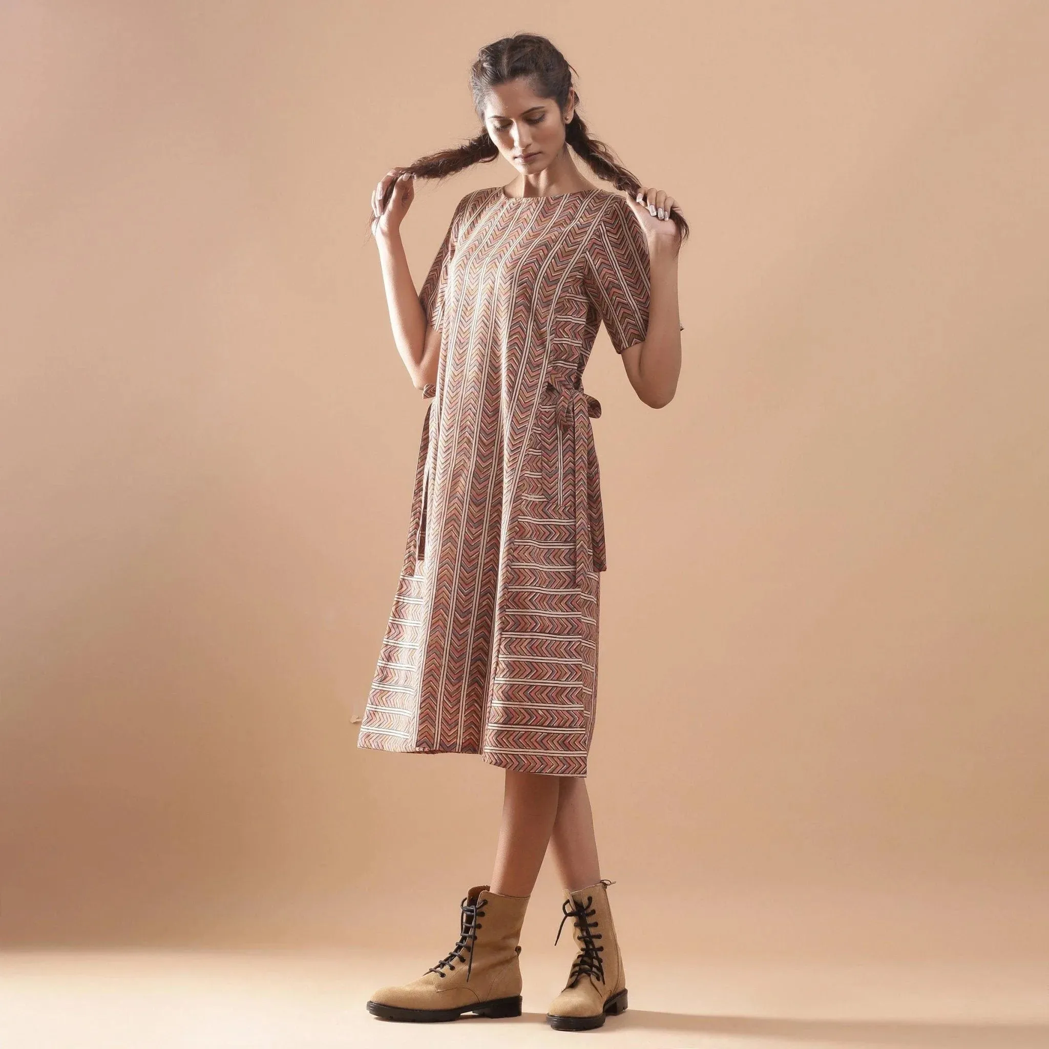 Cotton Kalamkari Block Print Striped Flared Midi Dress