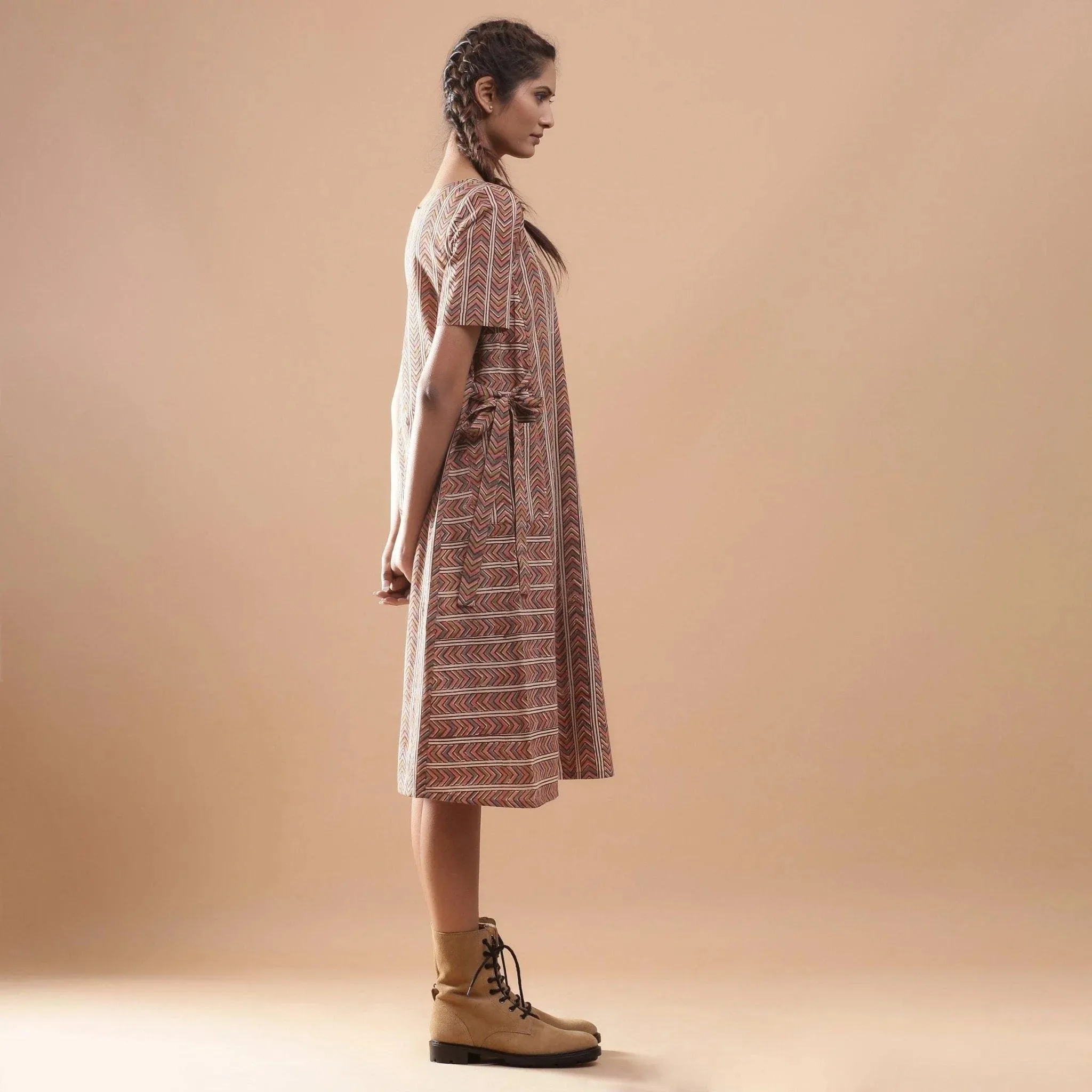 Cotton Kalamkari Block Print Striped Flared Midi Dress