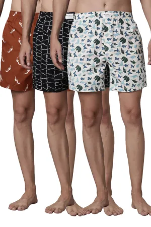 Cream-Stone,Black Printed & Russet Printed 365 Boxers Triplet Combo