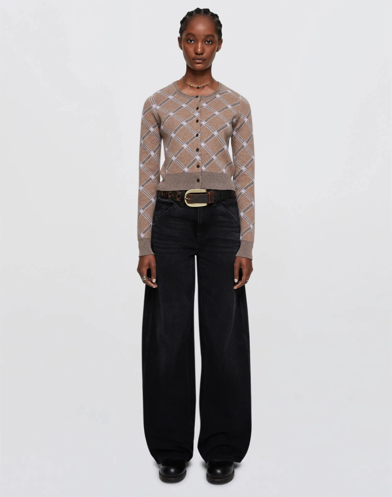 Cropped Crewneck Cardi - Camel Combo