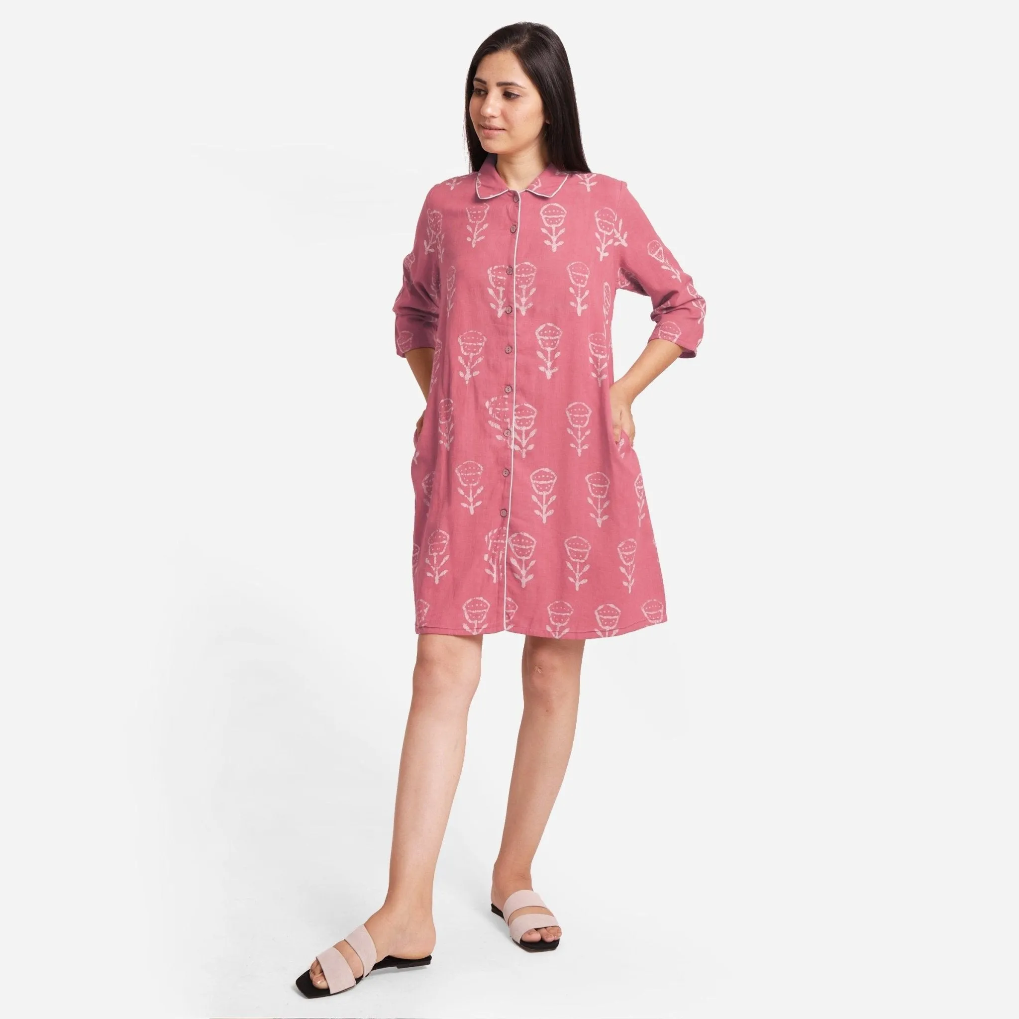 Dabu Block Print Pink Cotton Short Shirt Dress