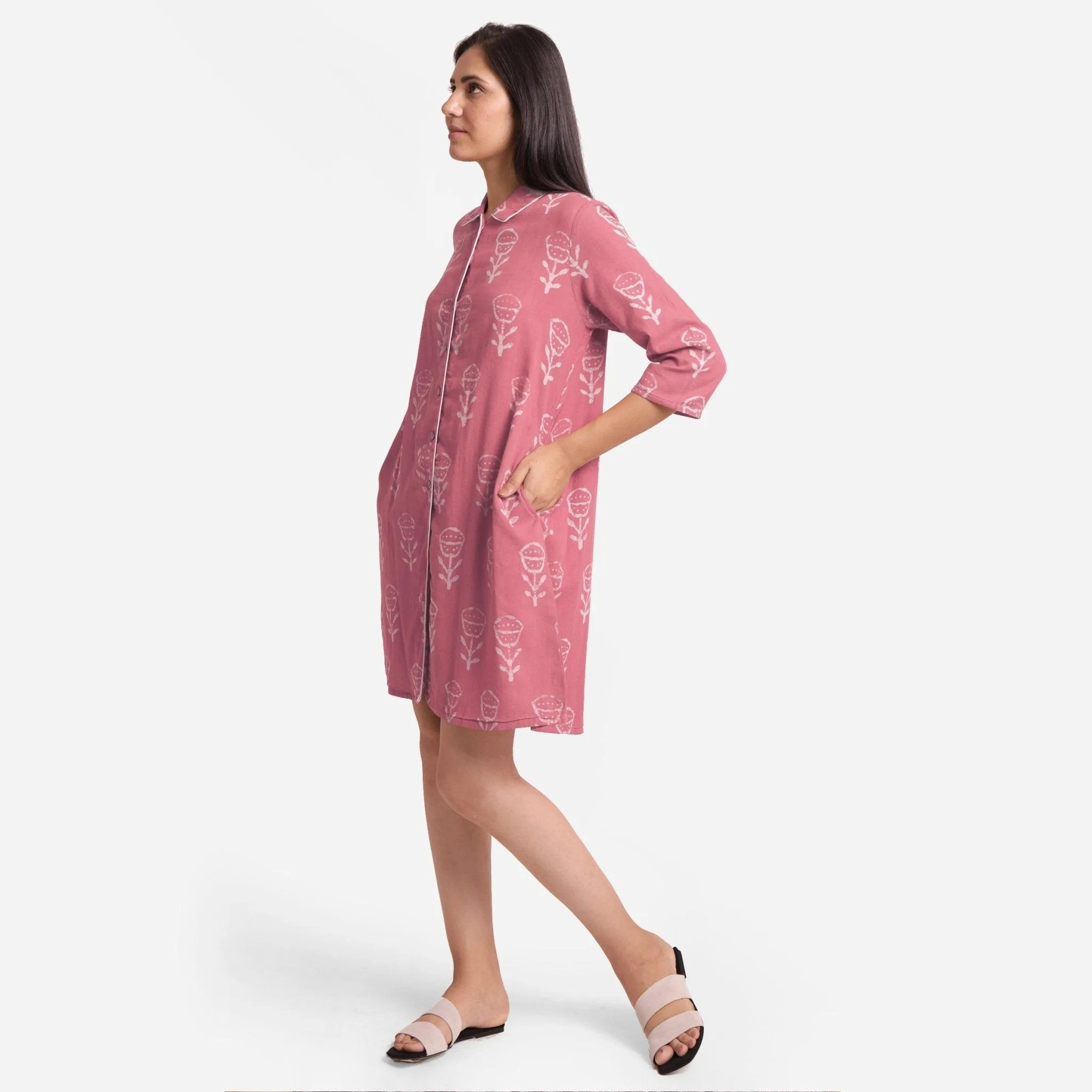 Dabu Block Print Pink Cotton Short Shirt Dress