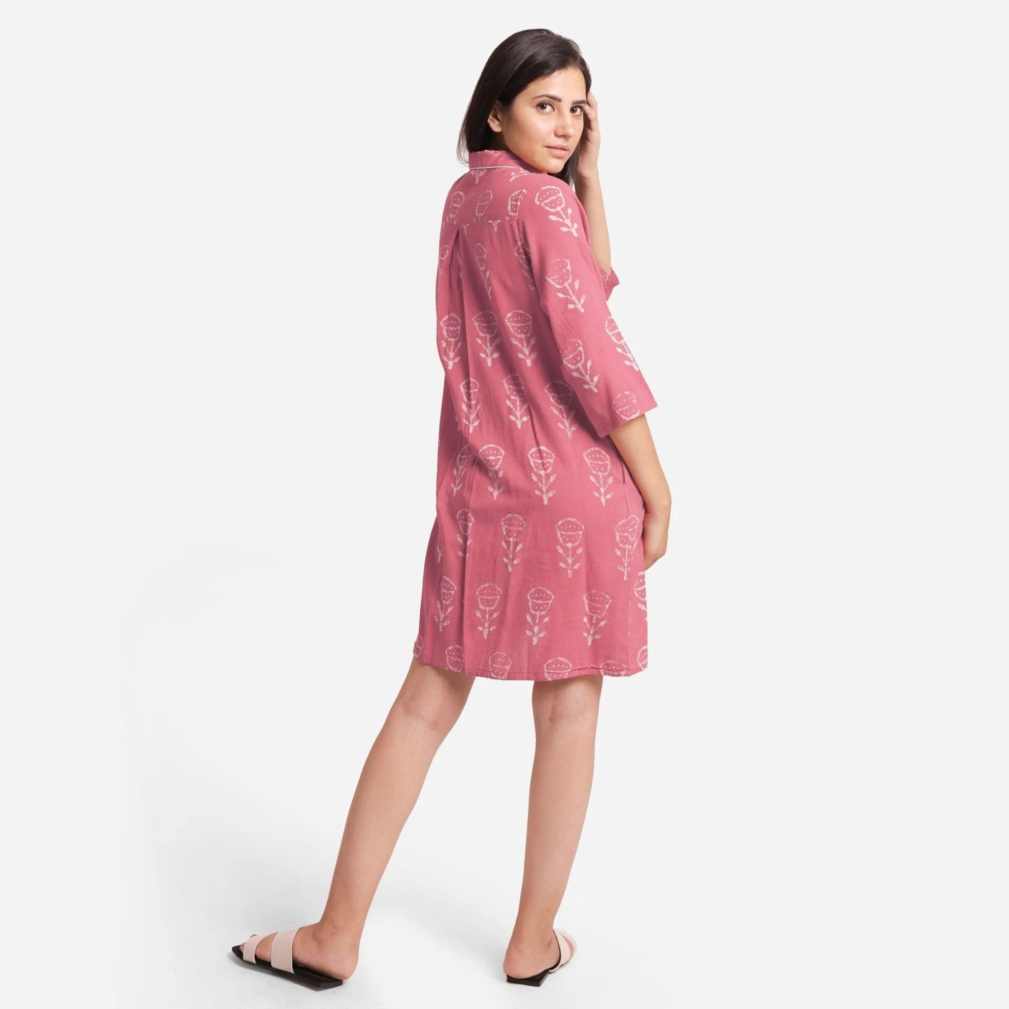 Dabu Block Print Pink Cotton Short Shirt Dress
