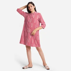 Dabu Block Print Pink Cotton Short Shirt Dress