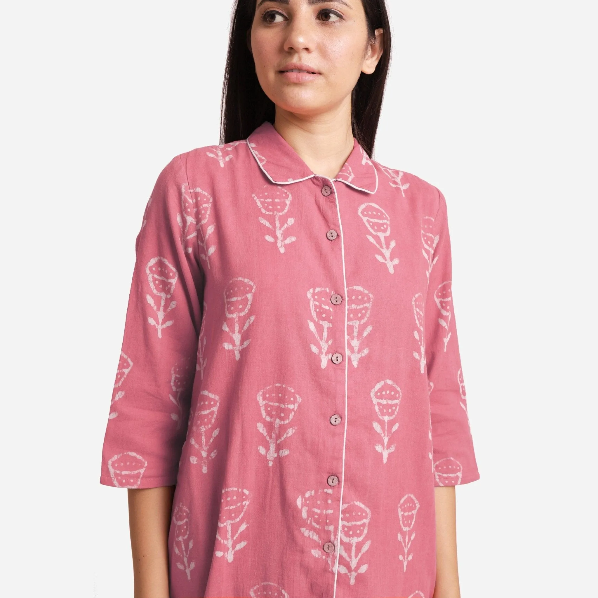 Dabu Block Print Pink Cotton Short Shirt Dress