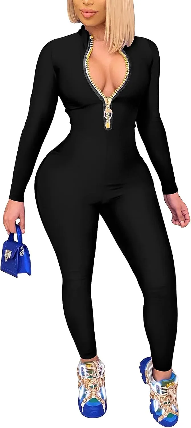 ECHOINE Sexy Jumpsuits for Women Long Sleeve V Neck Zipper Casual One Piece Rompers Bodycon Outfits