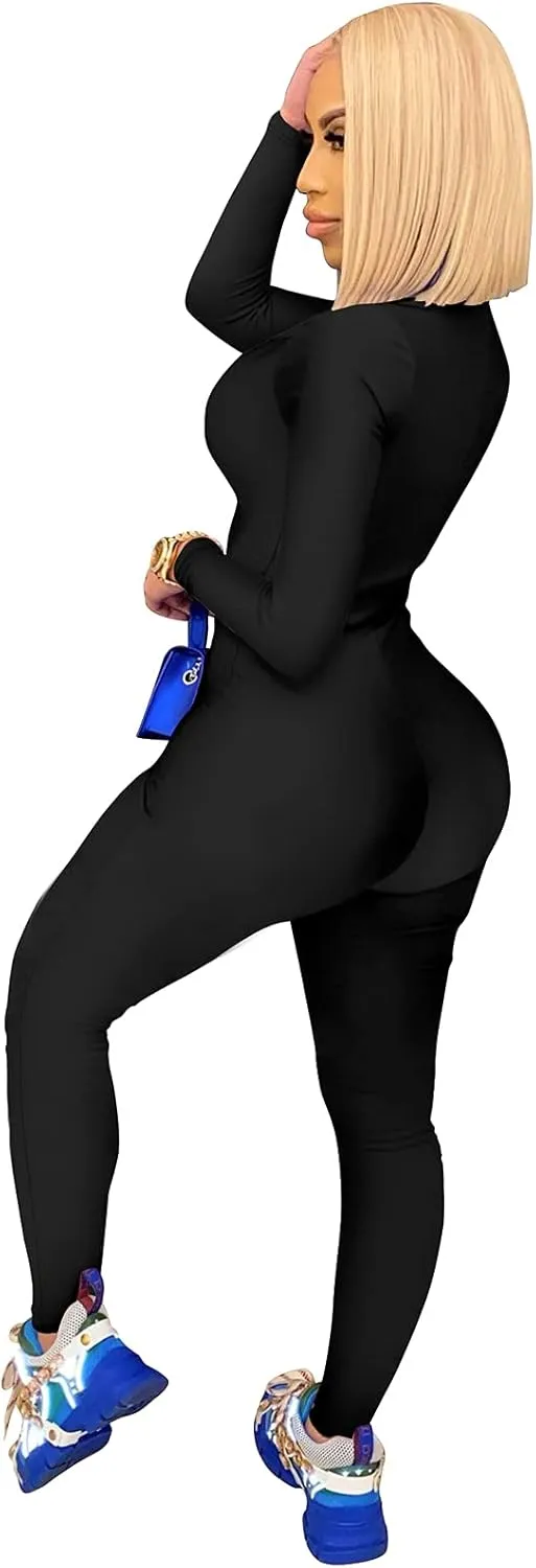 ECHOINE Sexy Jumpsuits for Women Long Sleeve V Neck Zipper Casual One Piece Rompers Bodycon Outfits