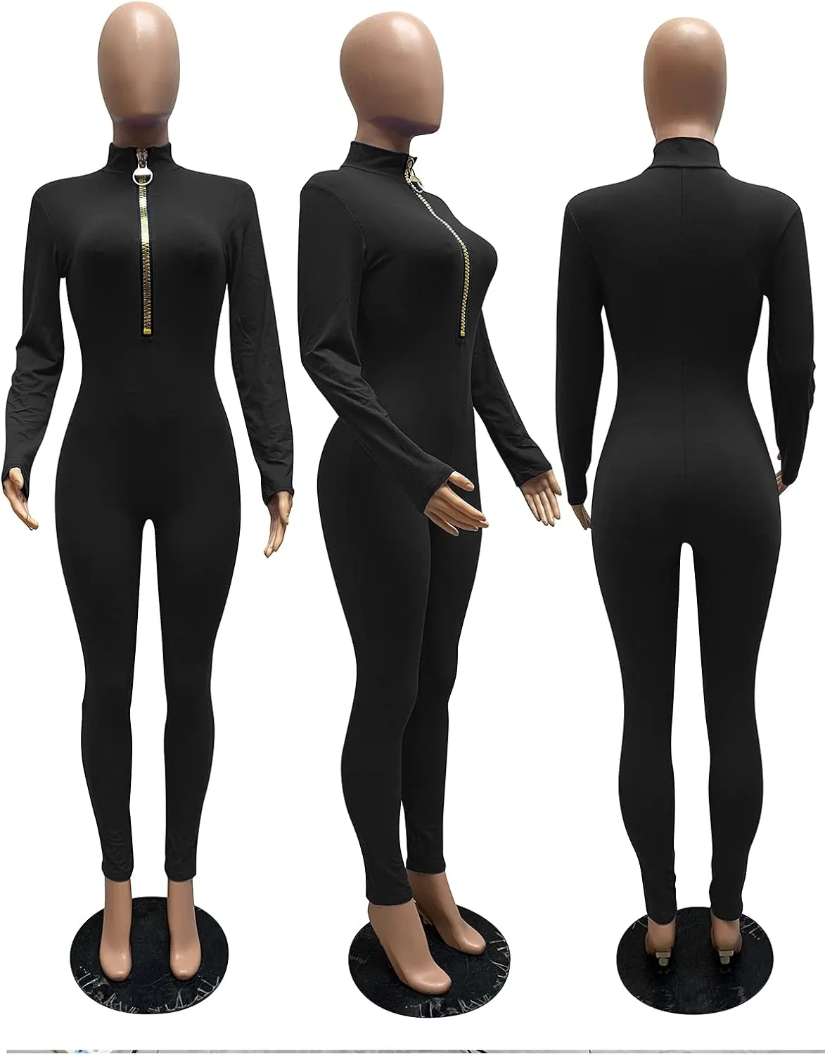 ECHOINE Sexy Jumpsuits for Women Long Sleeve V Neck Zipper Casual One Piece Rompers Bodycon Outfits