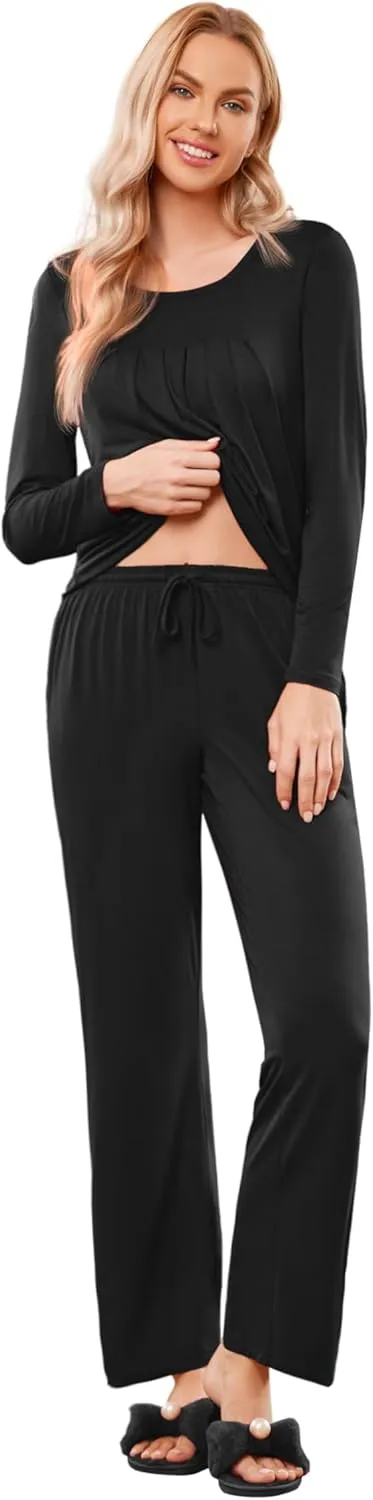 Ekouaer Pajamas for Women Set Soft Sleepwear Fall Long Sleeve Top With Pants Comfy 2 Piece Pjs Loungewear