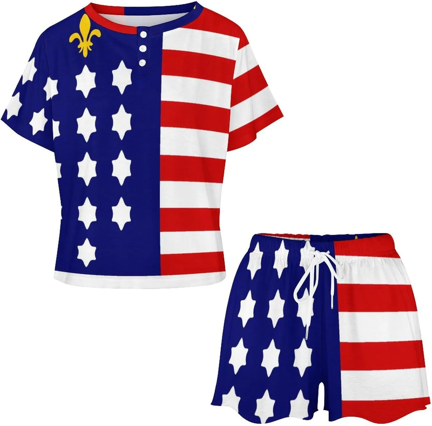 French Alliance U.S. Flag Women's Pajamas Set 2 Piece Short Sleeve Shirt and Shorts Loungewear Sleepwear