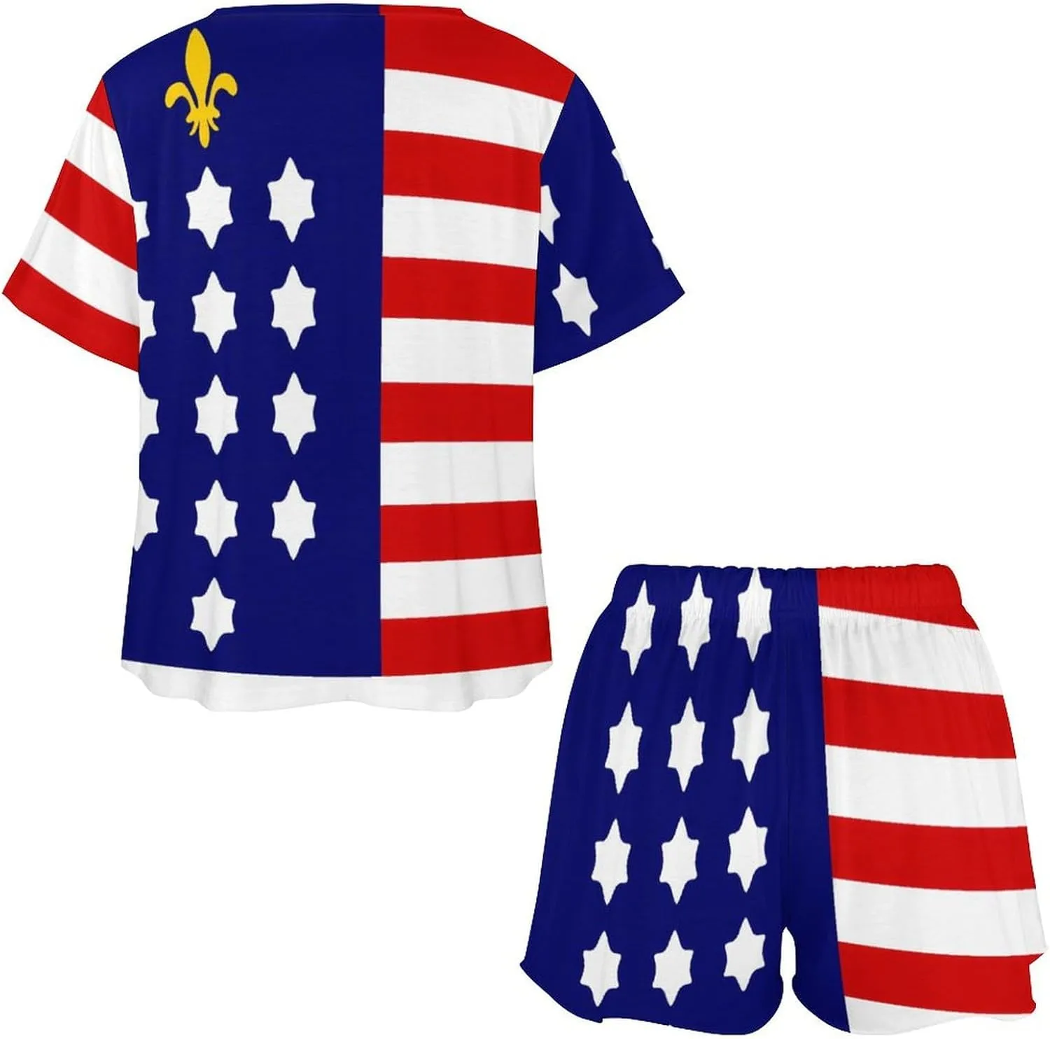 French Alliance U.S. Flag Women's Pajamas Set 2 Piece Short Sleeve Shirt and Shorts Loungewear Sleepwear