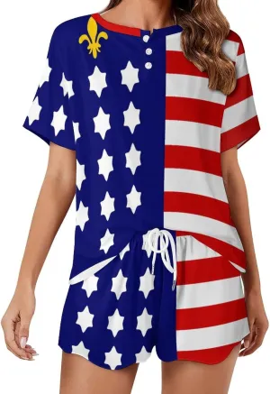 French Alliance U.S. Flag Women's Pajamas Set 2 Piece Short Sleeve Shirt and Shorts Loungewear Sleepwear