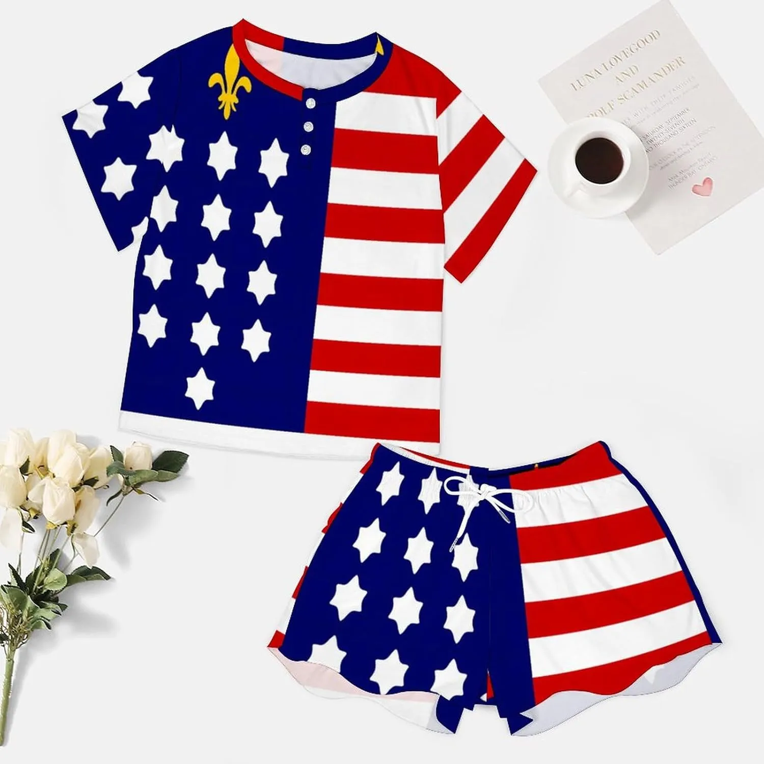 French Alliance U.S. Flag Women's Pajamas Set 2 Piece Short Sleeve Shirt and Shorts Loungewear Sleepwear