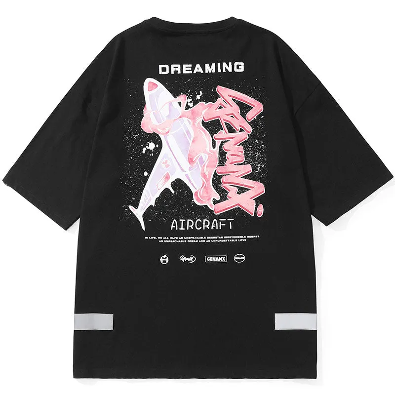 Graffiti Airplane Letter Splash Ink Print T-Shirt With Reflective Hem